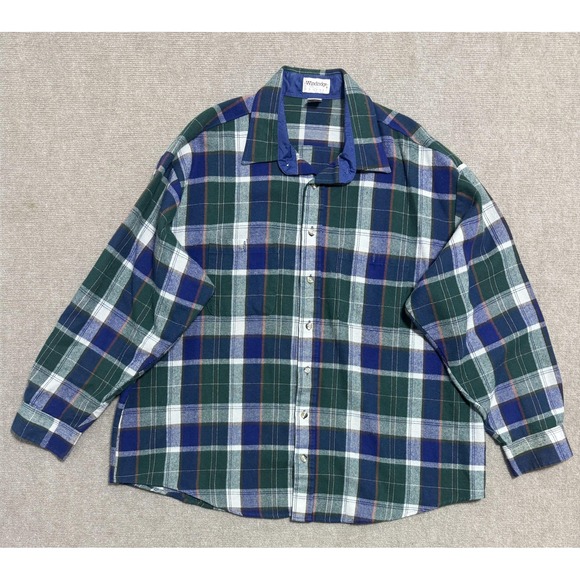 VINTAGE Windridge Shirt Mens 2XL Green Blue Plaid Flannel Button Down Casual 90s - Picture 1 of 10